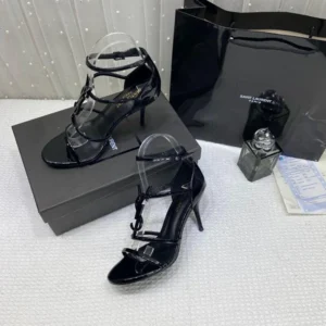 YSL Saint Laurent Paris Black Patent Leather Monogram Cassandra Sandals Heel with OG Box, Dust Bag & Carry Bag For Women (BSF409)