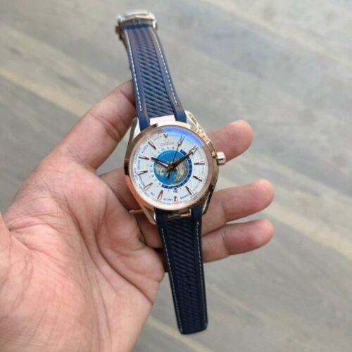Omega Aqua Terra World Map Silicone Blue White Dial