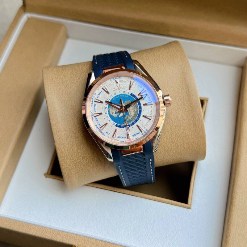 Omega Aqua Terra World Map Silicone Blue White Dial